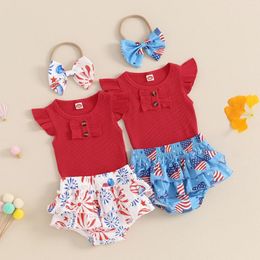 Clothing Sets Summer Independence Day Infant Baby Girls Flying Sleeve Romper Stars Stripe Print Shorts Headband Clothes