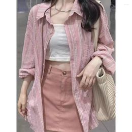 Women's Blouses Sun Protection Pink Striped Blouse Elegant Oversize Turn-down Collar Blusas Tops Long Sleeve Figure Flattering Women Shirt