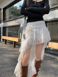 Skirts HOUZHOU Streetwear Lace Skirt Women Summer Irregular Vintage Chic Y2k White Korean Fashion High Waist Fairycore