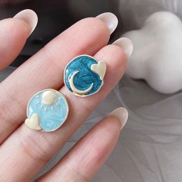 Earrings Gold Color Moon Heart Clip Earrings Non Pierced Simple Enamel Jewelry Fake Piercing Blue Geometric Round Ear Cuff