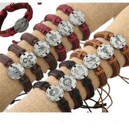 Strands 12pcs/lot Fashion 12 Zodiac Signs Leather Bracelet Constellations Charm Bracelets Adjustable Bracelet Bangle Cuff Jewelry Gifts