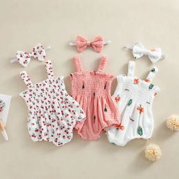 One-Pieces Baby Girls Rompers Clothes Summer Infant Newborn Girls Carrot Print Sleeveless Cotton Linen Bodysuits Jumpsuits Headband Outfits