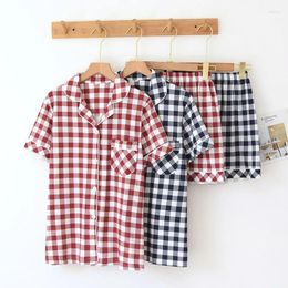 Women's Sleepwear Summer Couple Pajamas Set Pure Cotton Gauze Short-sleeved Plaid With Shorts Thin Men/women Soft Comfortable Home Wear