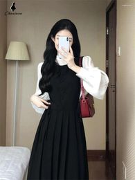 Work Dresses CHAXIAOA French Pleated Waist Strap Long Skirt Dress Two-piece Women's Spring Half-high Collar Long-sleeved Shirt Suit
