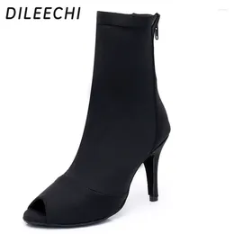 Dance Shoes DILEECHI Velvet Latin Boots Women Black Stretch Cloth Salsa Party Wedding Ballroom Dancing High Heel Soft Outsole
