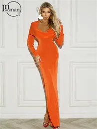 Casual Dresses Inwoman Orange Hooded Bodycon Long Dress Party Outfit For Women 2024 Winter Swinging Collar Sleeve Maxi Fashion