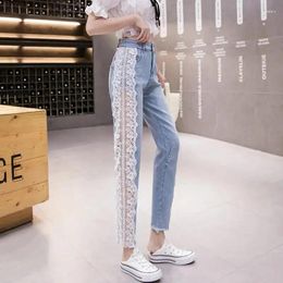 Women's Jeans Elegant Beaded Thin 2024 Spring Summer Lace Stitching Slim Fashion Denim Pants Feet Temperament Stretch