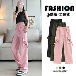 Women's Pants Women Elegant Solid Multi-Pockets High Waist Working Straight Leg Casual Drawstring Pink Army Green Black Cargo Joggers