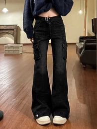 Dżinsy damskie QWeek 2024 Black Denim Cargo Flare Dżinsy Kobiety Y2K workowane amerykańskie retro szczupłe kieszenie spodnie High Street Pants Spring Fashion 240423