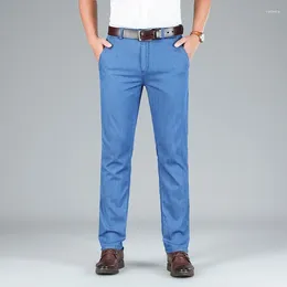 Men's Jeans Fit Straight Lightweight Cotton Stretch Denim Brand High Lyocell Business Casual Waist Thin Light Grey