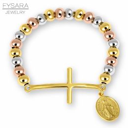 Bangle FYSARA Stainless Steel Beaded Bracelets For Women Men Religion Virgin Mary Rosary Cross Stretch Strand Bracelets Couple Jewellery