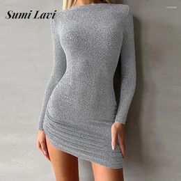 Casual Dresses 2024 Fashion O Neck Long Sleeve Mini Dress French Ladies Solid Colour Bodycon Girl Pleated Hip Wrap Party Club