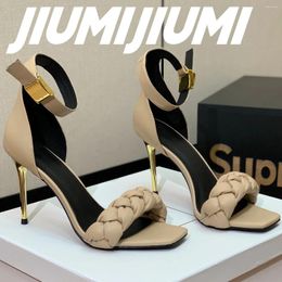 Sandals JIUMIJIUMI Handmade Woman Shoes Leather Super High Heels Ankle-Wrap Metal Decora Buckle Strap Solid Sexy