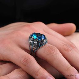 Wedding Rings Retro Handmade Turkish Rings for Men Vintage Metal Silver Color Inlaid Blue Zircon Punk Ring Muslim Jewelry