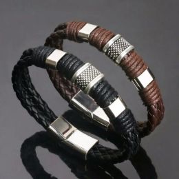 Strands Vintage Brown Leather Bracelets For Men Husband Stainless Steel Multilayer Braided Rope Bangle Wrist Jewelry Gift Pulsera Hombre