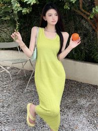 Casual Dresses Onalippa Small Fresh Knitted Summer Dress Sleeveless Elastic Hip Maxi French Style Chic Design Hollow Out Vestidos
