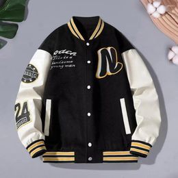 Men's Jackets Men Baseball Jacket Stand Collar Striped Letter Pattern Cardigan Coat With Pockets Long Sleeve For Mid