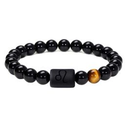 Strands Zodiac Bracelet for Men 8mm Natural Black Onyx Tiger Eye Stone Star Sign Constellation Friendship Prayer Blessing Bracelet Gifts