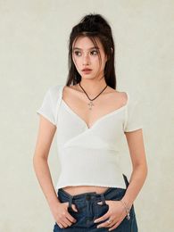 Women's T Shirts Summer Slim Crop Tops White Short Sleeve V-Neck Side Split T-shirt