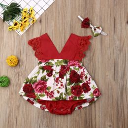 One-Pieces Newborn Baby Girl Princess Rompers Floral Print Sleeveless Cotton Lace Jumpsuit Headband Sunsuit Baby Summer Clothing 024M