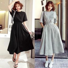 Party Dresses Medium Sleeve Dress Girl's Large Skirt Korean Half Waist Long High Round Neck Loose Casual Woman