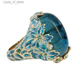 Band Rings Elegant Women Fashion Gold Color Carving Enamel Flower for Creativity Inlaid Blue Stone Engagement Ring Jewelry H240424