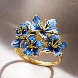 Cluster Rings Ofertas Creative Gold Colour Beautiful Blue Flower Plants Alloy Female Ring For Women Party Jewellery Accessories Size 5-11