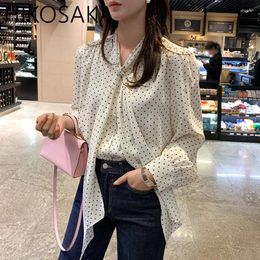Women's Blouses French Style Elegant V-neck Ribbon Shirts Contrast Colour Polka Dot Long Sleeve Blouse Korean Chic Loose All-match Drape