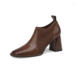 Dress Shoes 2024 Block Heels Women's Spring And Autumn Boots Brown Knitted Single British Style Small Leather