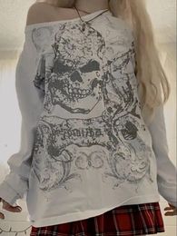 Women's T Shirts Women S Autumn Loose Tops Skull Bone Print Slant Shoulder Long Sleeve Oversized T-Shirt