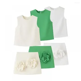 Casual Dresses Women Work Fashion O Neck Sleeveless Solid Vest Blouse Female Big Flower Appliques Mini Skirt Two Piece Sets Mujer