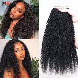 Wigs Wigs 20Pcs Kinky Curly Tape In Hair Virgin Brazilian Human Hair Bulk For Black Women Invisible No Weft For Salon