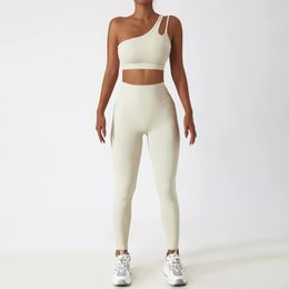 Women Seamless One Shoulder Yoga Set Sexy Sports Bra Workout High Waist Suit Leggings Fitness Suits Sportswear 240415