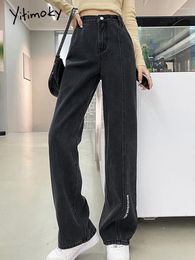 Women's Jeans Yitimuceng Baggy Woman High Waisted Embroidery Spliced Denim Wide Leg Pants Black Gray Straight Streetwear Y2k Trousers