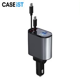 CASEiST Retractable Car Charger 4 in 1 Super Fast 120W Phone Charging PD Cable USB Type C 2 Port Rotate LED Display Cigarette Lighter Adapter For Android Tablet Laptop