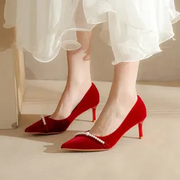 Dress Shoes 2024 Brand Design Luxury Women Wedding Heels String Beading Pointed Toe Slip On High Ladies Sexy Elegant Pumps