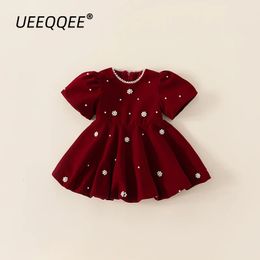 Pearl Warm 2024 Spring Autumn Children Party Dress Girls Christmas Short Sleeve Princess Toddler Wear Kids Clothes For 1-10Y 240511