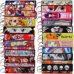 Bags 20pc/set Japanese Anime Embroidery Keytag Chainsaw Man Keychain Key Fob For Motorcycles Car Backpack Chaveiro Key Ring Wholesale