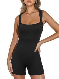Active Sets Womens Bodysuit Yoga Workout Romper One Piece Outfits Square Neck Sleeveless Going Out Bodycon Jumpsuit Shorts 240424