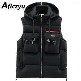 Men's Vests Hooded Men Autumn Winter Thick Fashion Casual Sleeveless Jacket Male Solid Colour Cargo Vest Black Grey