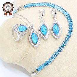 Strands Blue Fire Opal Earrings Necklace Pendant Ring Silver 925 Wedding Jewellery Set for Women Light Blue Crystal Bracelet Gift