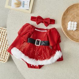 One-Pieces Suefunskry Baby Girls Christmas Romper Dress Sequins Stars Moon Patchwork Skirt Plush Hem Long Sleeve Bodysuit with Headband