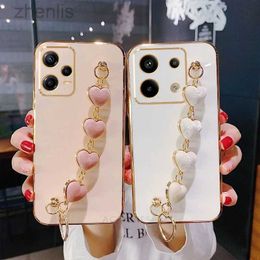 Cell Phone Cases Note13 Love Heart Wrist Chain Silicone Case On For Redmi Note 13 Pro Plus 12 11 12s 11s 13pro 4g 5g Luxury Plating Cover d240424