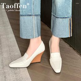 Dress Shoes Taoffen Women Wedge Pumps Genuine Leather High Heels Pointed Toe Slip On Office Ladies Female Classic Work Loafers Elegant