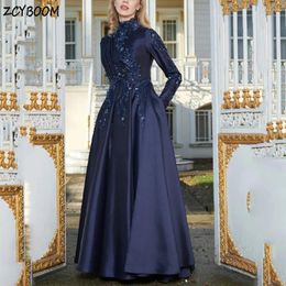 Party Dresses Muslim Elegant Navy Blue High-Neck Appliques Sequin Long Sleeves Evening Dress 2024 A-Line Floor Length Stain Zipper Prom