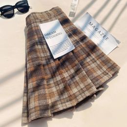 Skirts Plaid Woolen Blends Pleated Skirt For Women Fall Winter High Waist A-line Ladies Fashion Khaki Mini Vintage Female