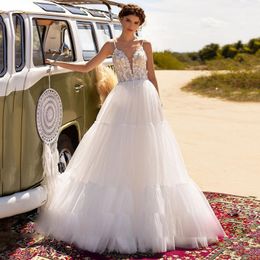 Straps Country Boho Wedding Dress 3D Flower Lace Beach Bridal Gown Outdoor Spring Dresses For Women