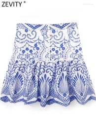 Skirts Zevity Women Fashion Blue Flower Embroidery Pleat Ruffles Mini Skirt Faldas Mujer Female Chic Side Zipper Vestidoss QUN4009