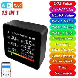 13 in 1 Tuya WIFI Air Quality Monitor Indoor CO2 Detector Metre CO2/TVOC/HCHO/PM2.5/PM1.0/PM10 Remote APP Control Alarm Function 240423