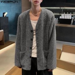 Sweaters 2023 Men Cardigan Solid Colour Knitted V Neck Long Sleeve Button Male Kimono Streetwear Plush Fashion Casual Sweaters INCERUN